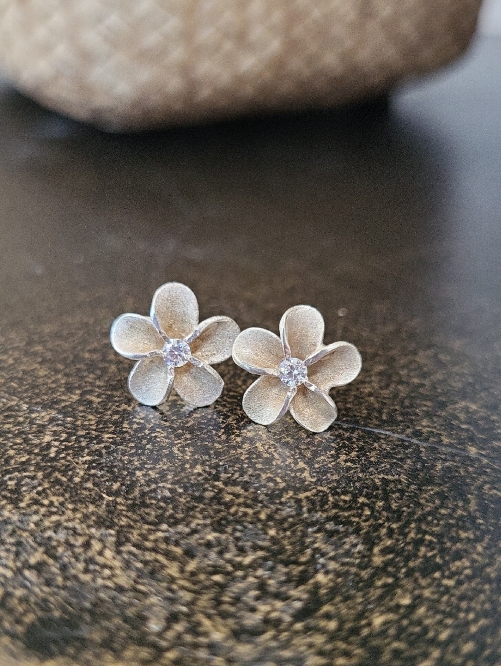 925 Sterling Silver Hawaiian Plumeria Flowers With CZ Cener Stone Stud Earrings
